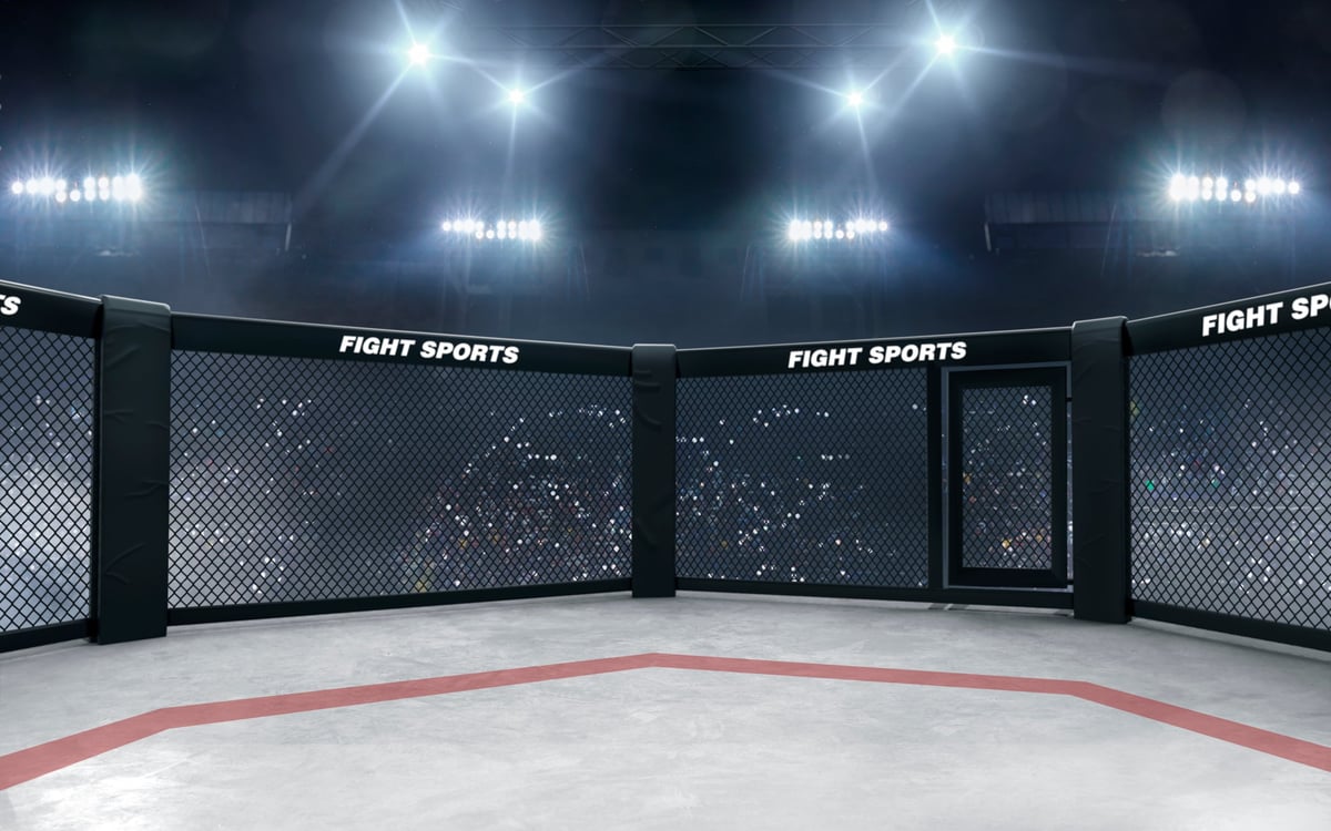 UFC octagon MMA arena with dramatic lighting and championship atmosphere
