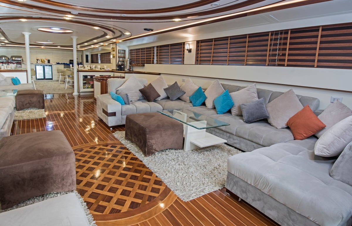 Interior design furnishing decor of the salon area in a large luxury motor yacht