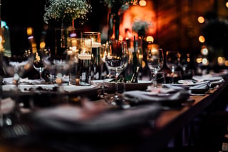 Luxury table settings for fine dining with glassware and wine