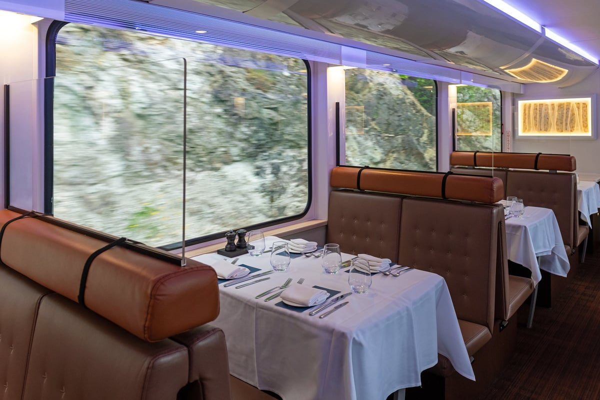 Rocky Mountaineer gold leaf dining car interior, British Columbia, Canada.