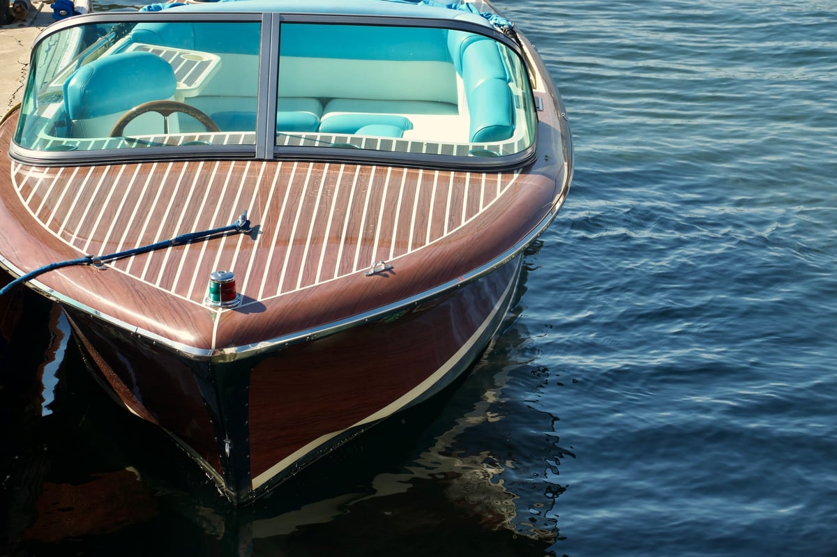 Front view of a classic wooden Riva speed boat