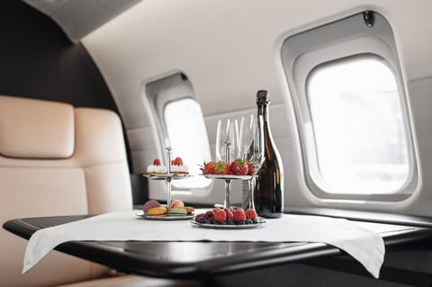 Business jet plane interior with leather comfortable seats