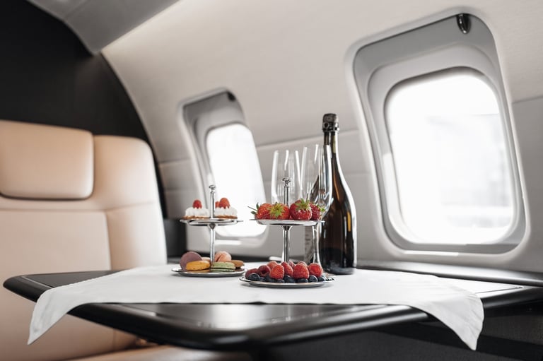 Business jet plane interior with leather comfortable seats