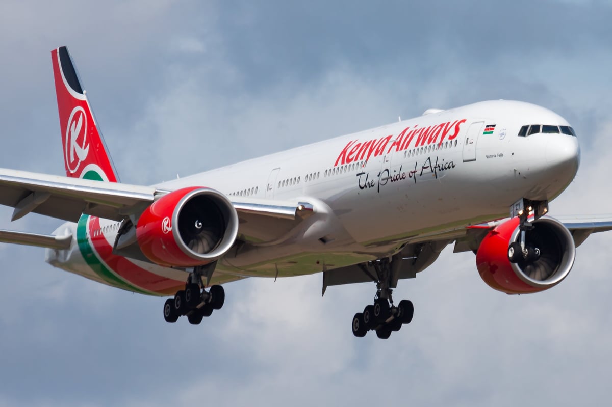 Amsterdam, Netherlands - August 14, 2014: Kenya Airways passenger plane at airport. Schedule flight travel. Aviation and aircraft. Air transport. Global international transportation. Fly and flying.