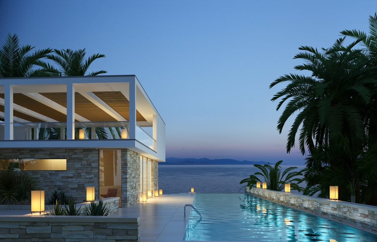 3d rendering of a modern mediterranean villa with pool in Beverly Hills