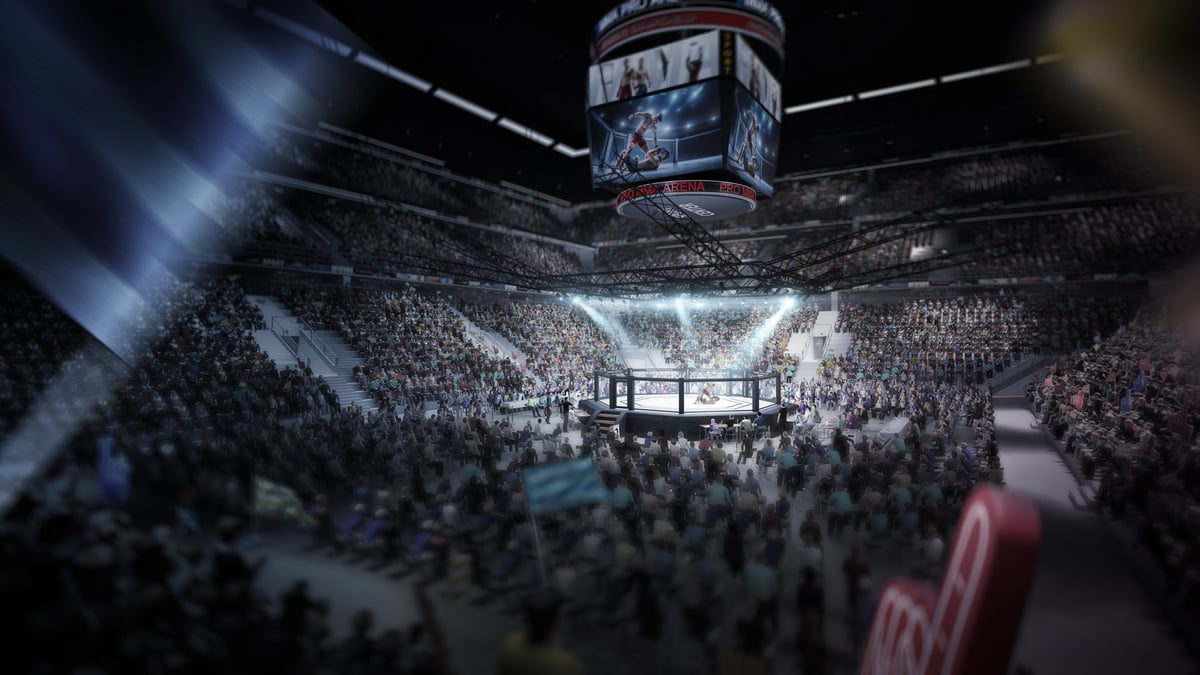 Sport arena with fans and shining spotlights, MMA octagon with electric atmosphere