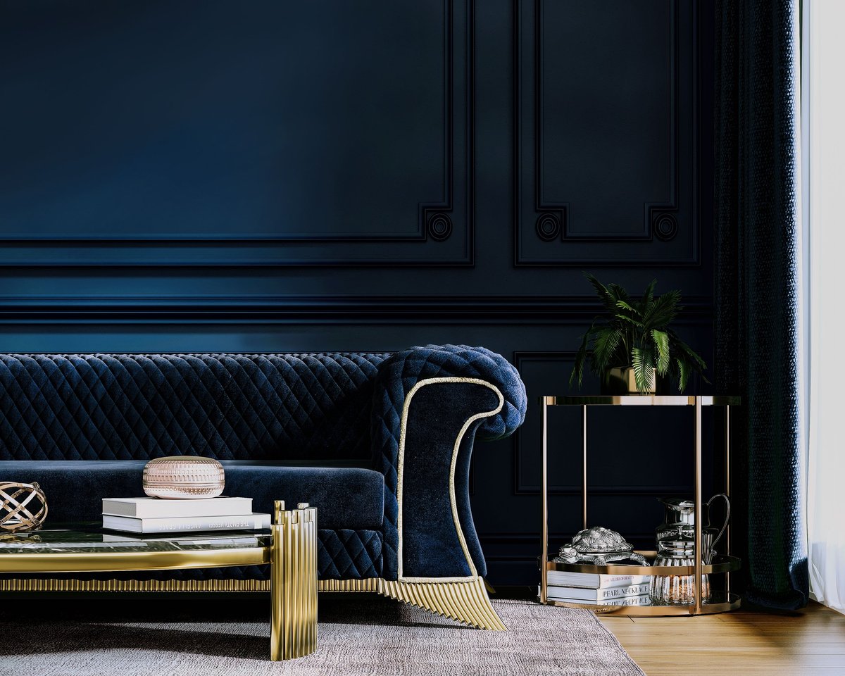 Luxury living room with Cyan-Blue sofa closeup with side table, interior design