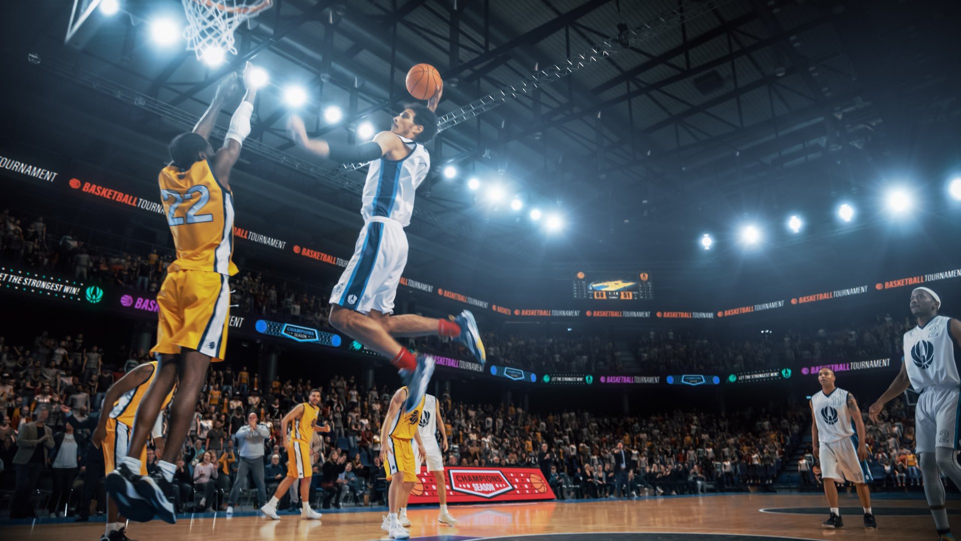 NBA Finals basketball championship game - player scoring a slam dunk during intense playoff action