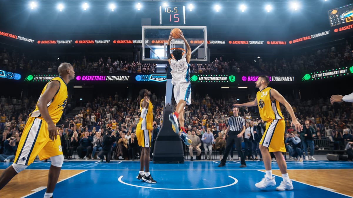 Multiethnic Basketball Player in a White Uniform Catching Pass And Dribbling Past Defence to Score a Skillful Slam Dunk Goal