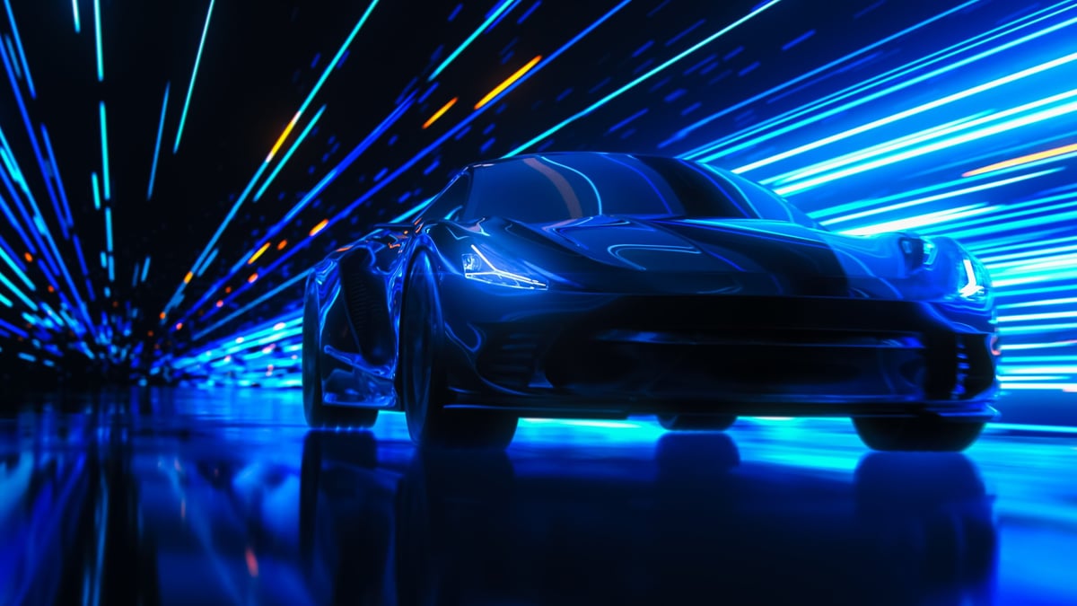 3D Car Model: Sports Car Driving on a Road at High Speed, Racing Through the Colorful Dark Tunnel With Lights Reflecting Everywhere. Dark Supercar Driving Fast on Highway.