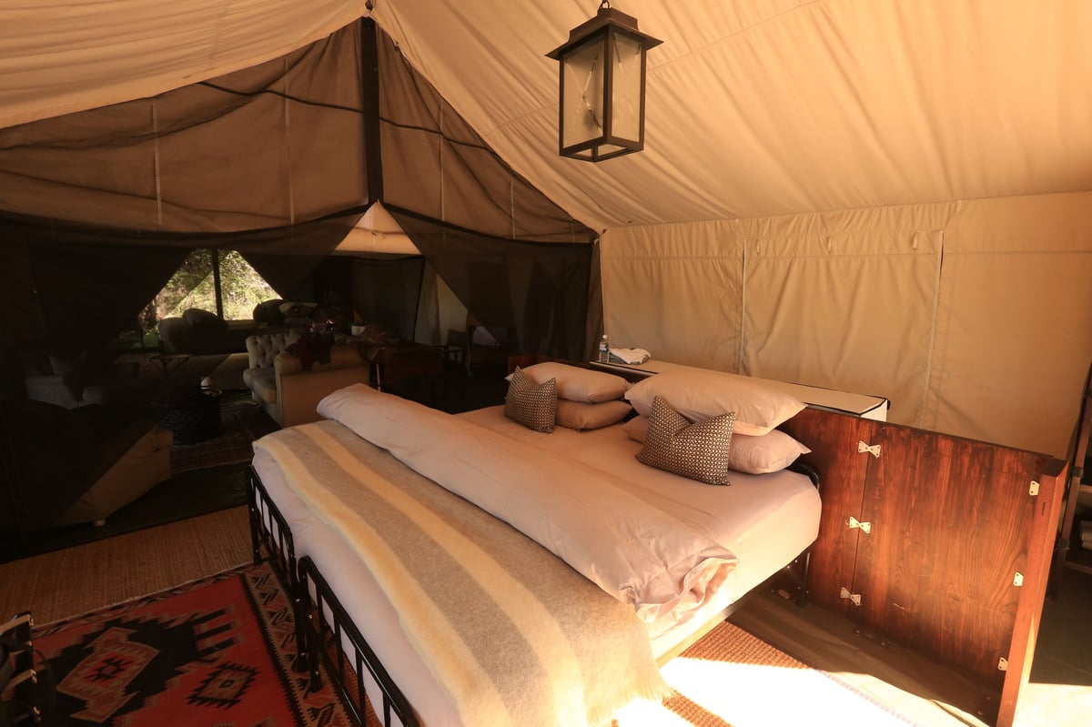 Inside of an African luxury tent in Botswana, safari honeymoon accommodation