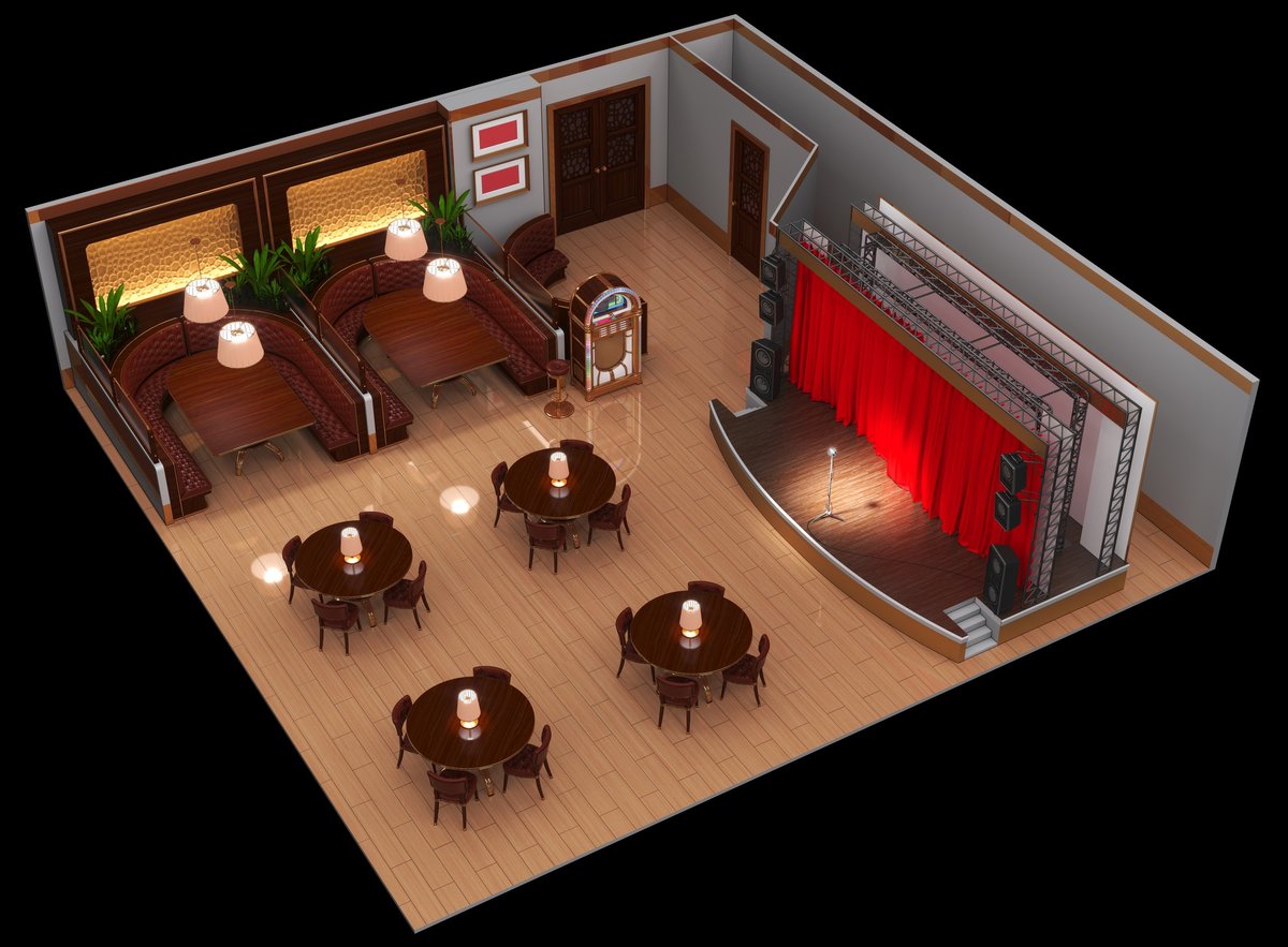 Isometric restaurant interior with stage