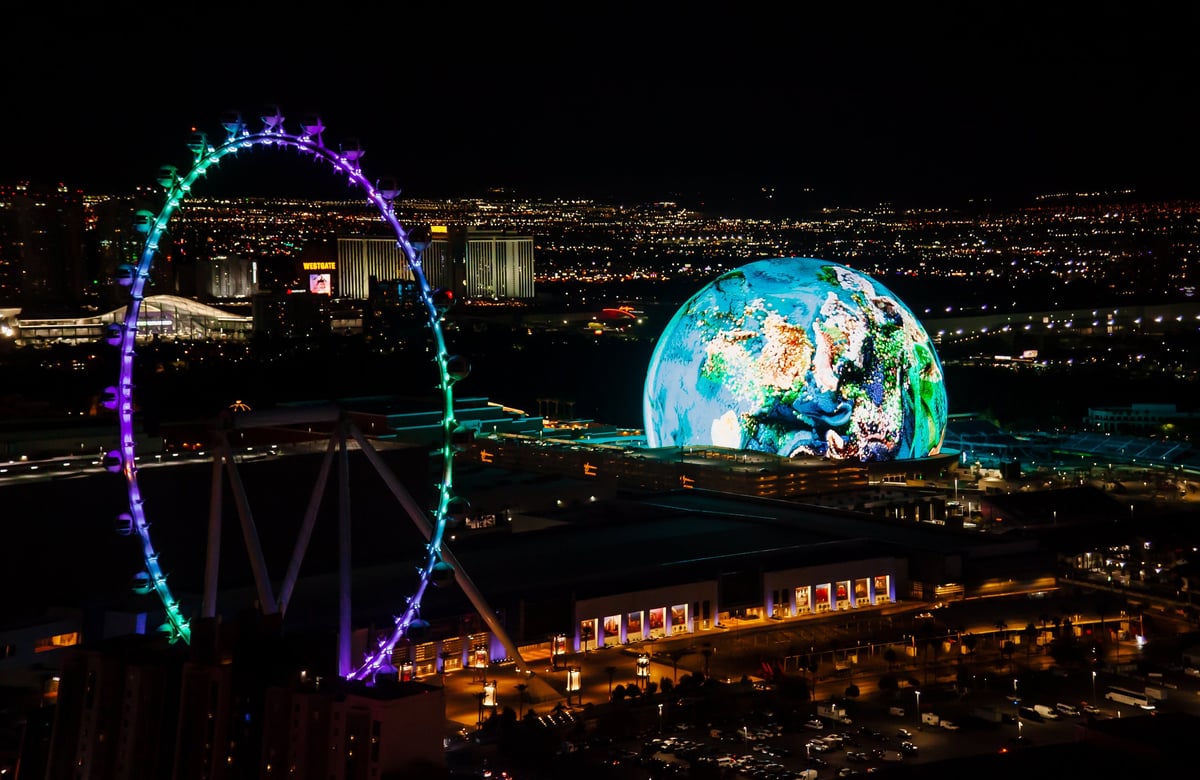 MSG Sphere Las Vegas glowing at night