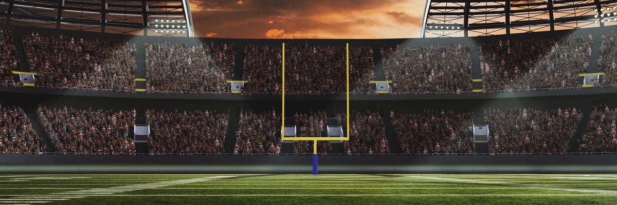 Football stadium with goalposts in center framed by enthusiastic crowd