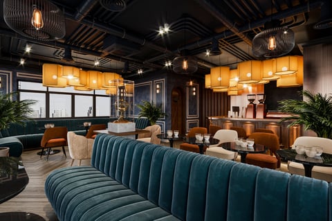 Modern restaurant interior with industrial style and luxurious furniture