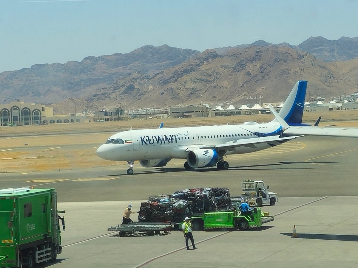 Medina, Saudi Arabia, June 29 2024: Kuwait Airways plane in Prince Mohammad Bin AbdulAziz International Airport, in Madinah, handles domestic and regional international flights for Hajj and Umrah