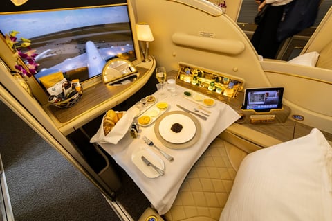 Luxury passenger menu with caviar in First Class onboard Emirates