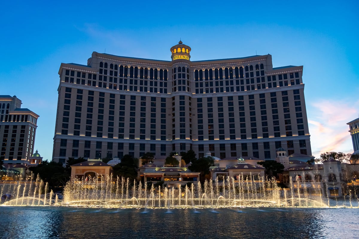 Night view of Las Vegas Blvd with Bellagio Hotel on the Strip at night