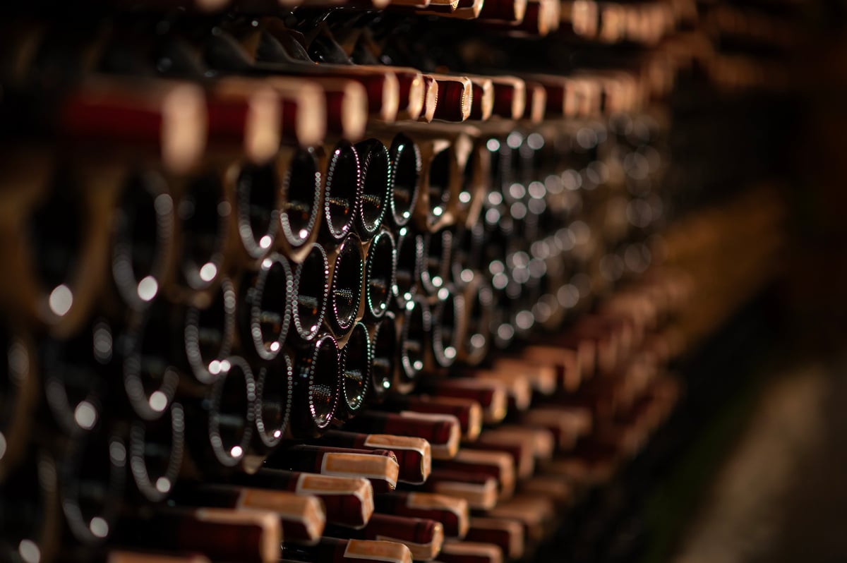 Row of wine bottles on a wooden shelf in a wine cellar