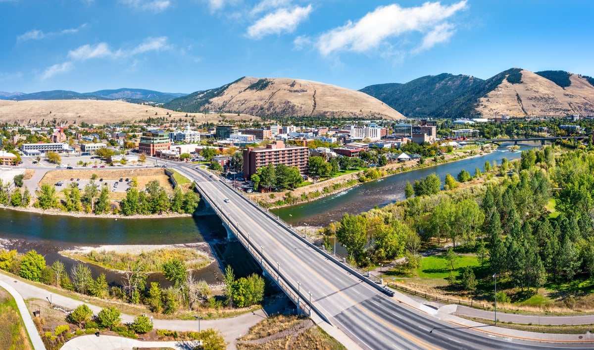 Aerial panorama of a city above a bridge