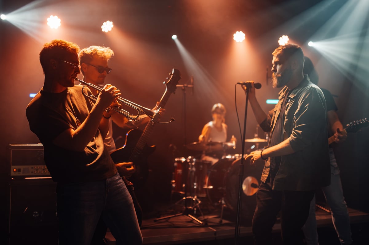 Vibrant stage with colorful spotlights, band performing live