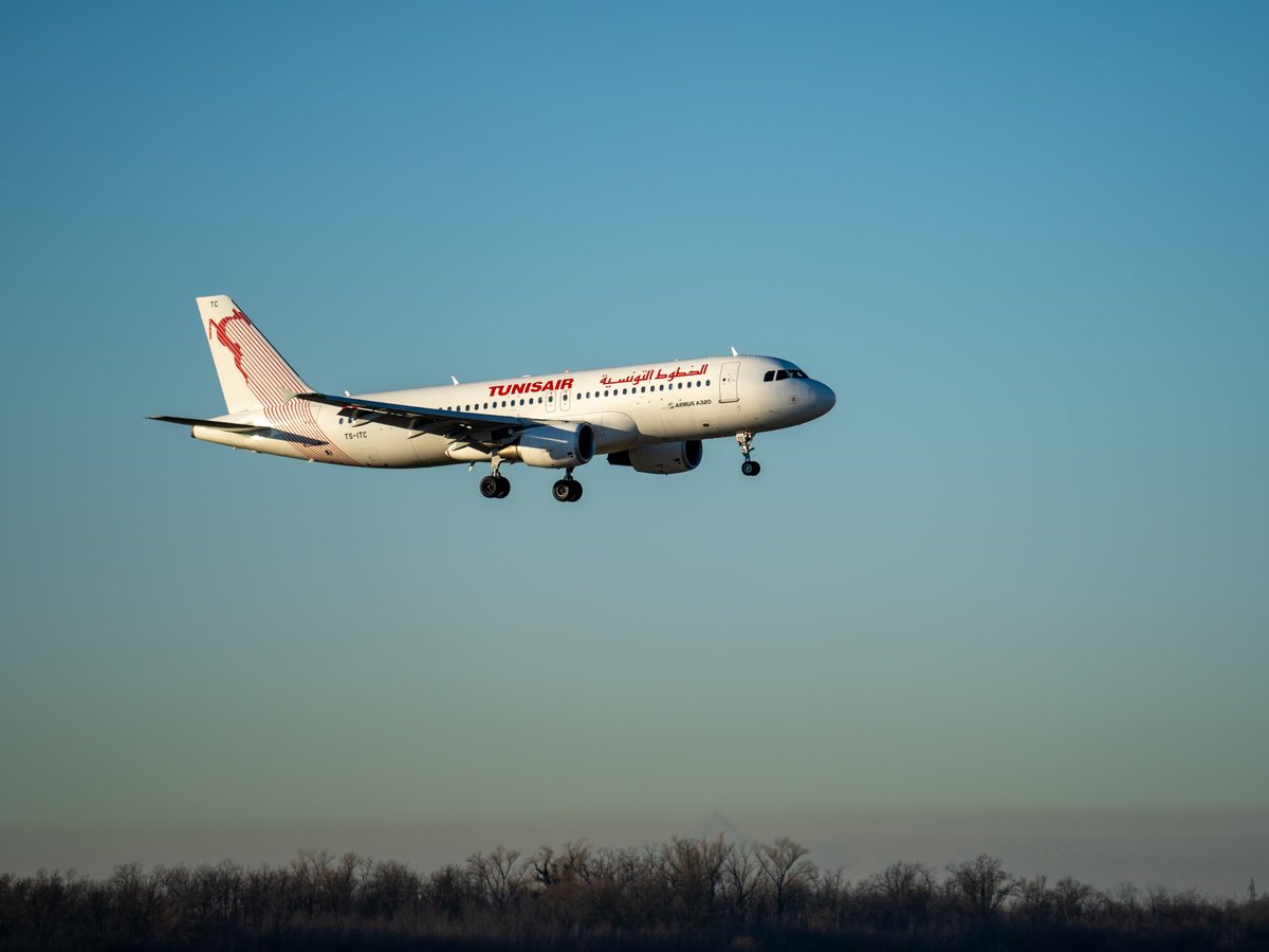 Milano, Italy. TunisAir Airbus A320 neo is landing at MXP Milano Malpensa international airport