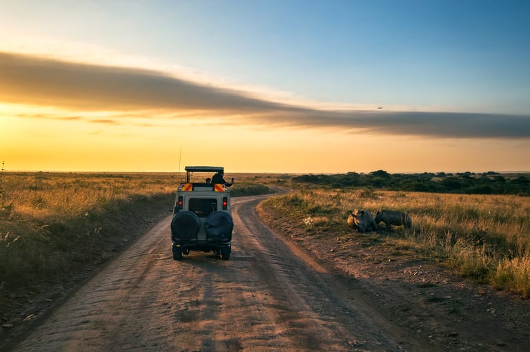 Tourists in a safari car with an open roof taking photos of wild animals in Nairobi National Park, Kenya