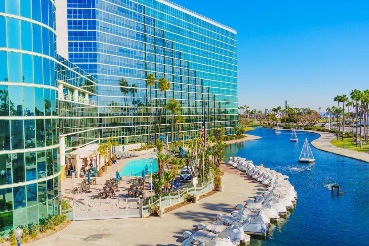 Aerial perspective of luxury resort with pool area