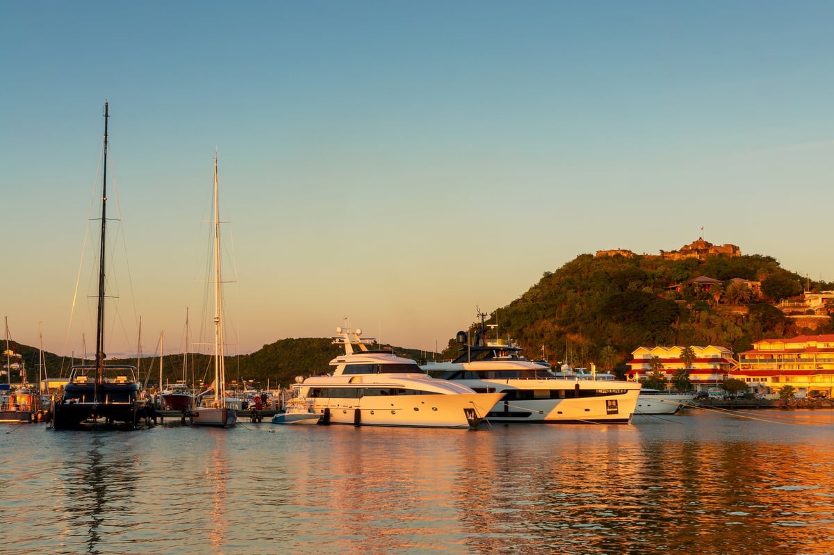 Luxury yachts in the harbor of Marigot in the Caribbean island of Saint Martin
