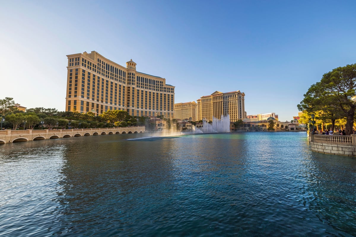 Fountains of Bellagio performing daytime water show with resort backdrop