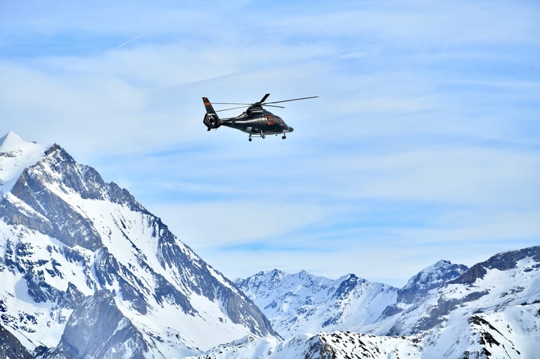 Private helicopter carrying skier tourist to Courchevel ski resort from Geneva airport