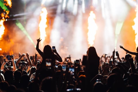 Energetic concert crowd with vibrant stage performance