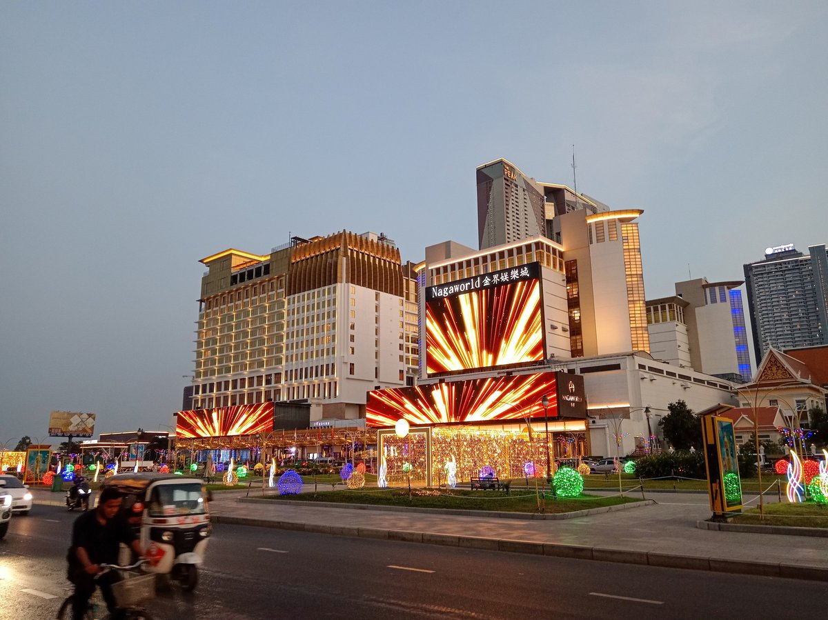 Exterior view of NagaWorld integrated resort and casino in Southeast Asia