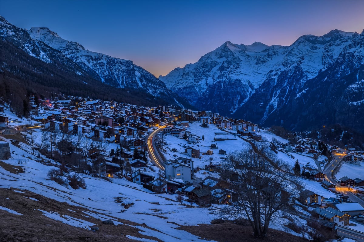 The overview of the Swiss alps village Grachen in the evening. Grachen is a popular winter sport resort.