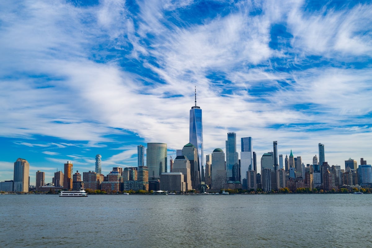 New York City skyline with skyscrapers and harbor view