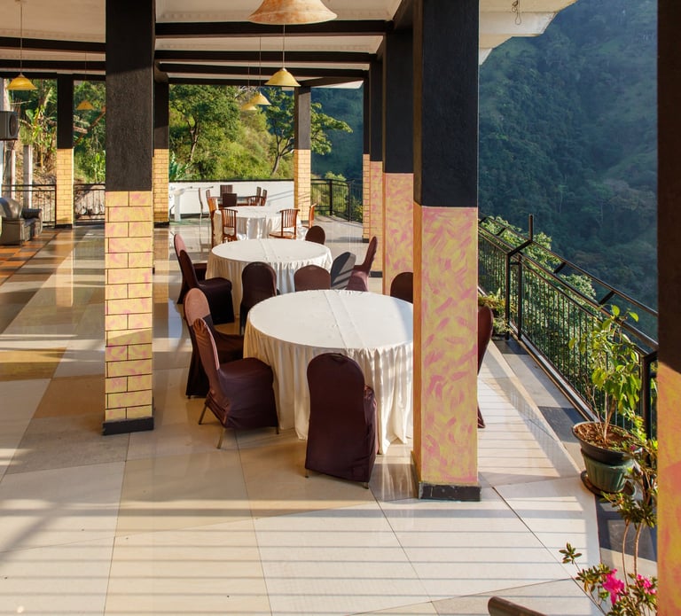 Elegant restaurant with tables and chairs on the outside of a building