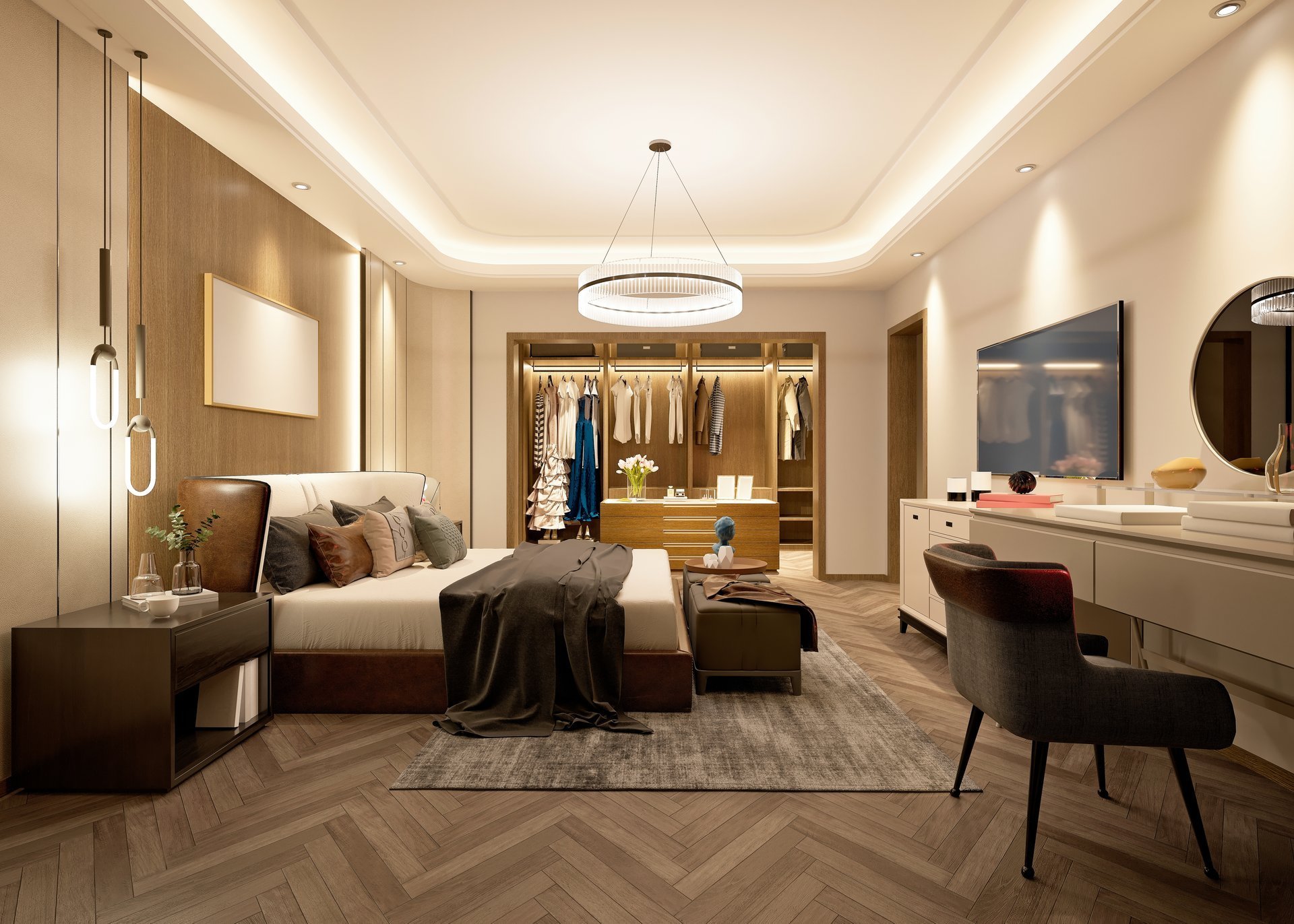 Luxury hotel penthouse suite with panoramic city views and elegant modern interior