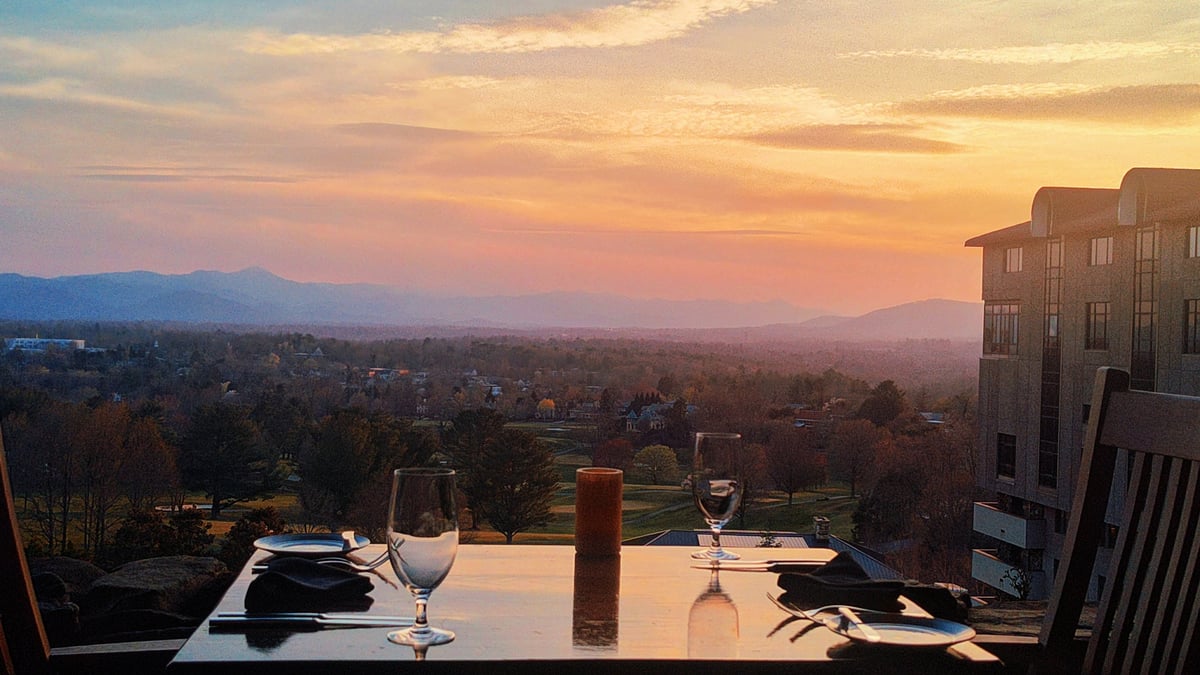 Dinner table view with mountains in background