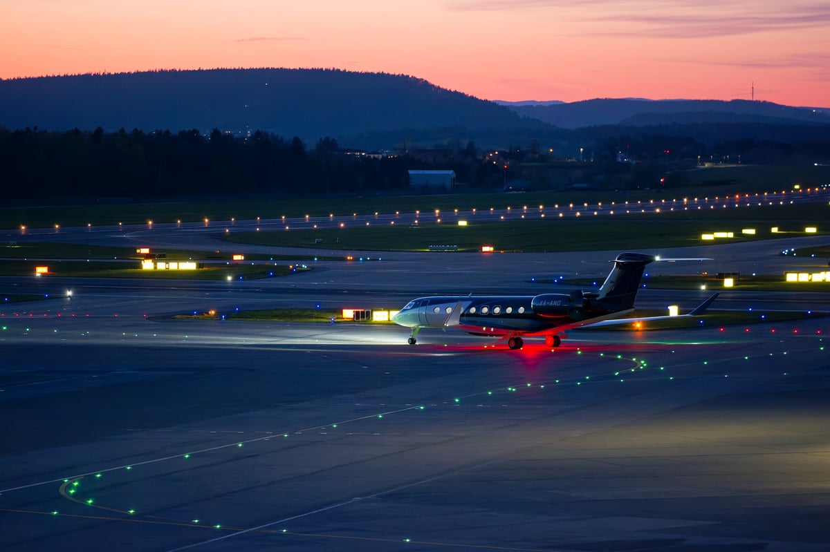 High angle view of private jet Gulfstream G650ER taxiing at Zurich Airport on a sunny spring evening