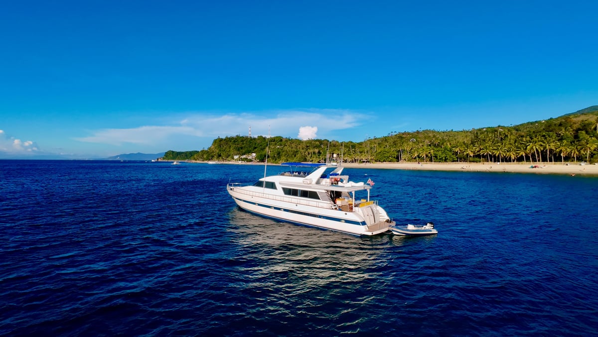 Aerial view of a white double-deck yacht parked in the sea opposite the coast of a tropical island