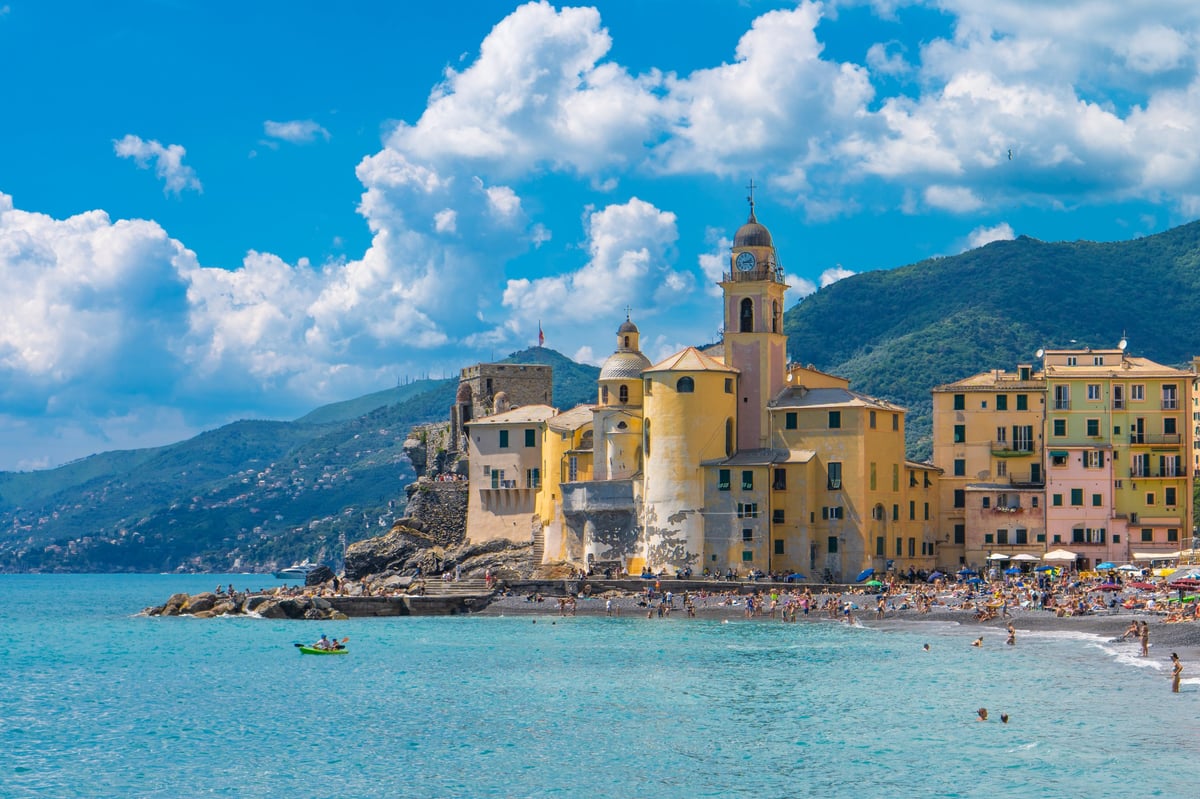 Camogli, a colorful Ligurian seaside village on the Italian Riviera with historic harbor