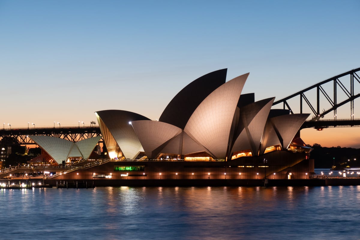 Sydney Opera House and Harbour Bridge at sunset on Sydney Harbour