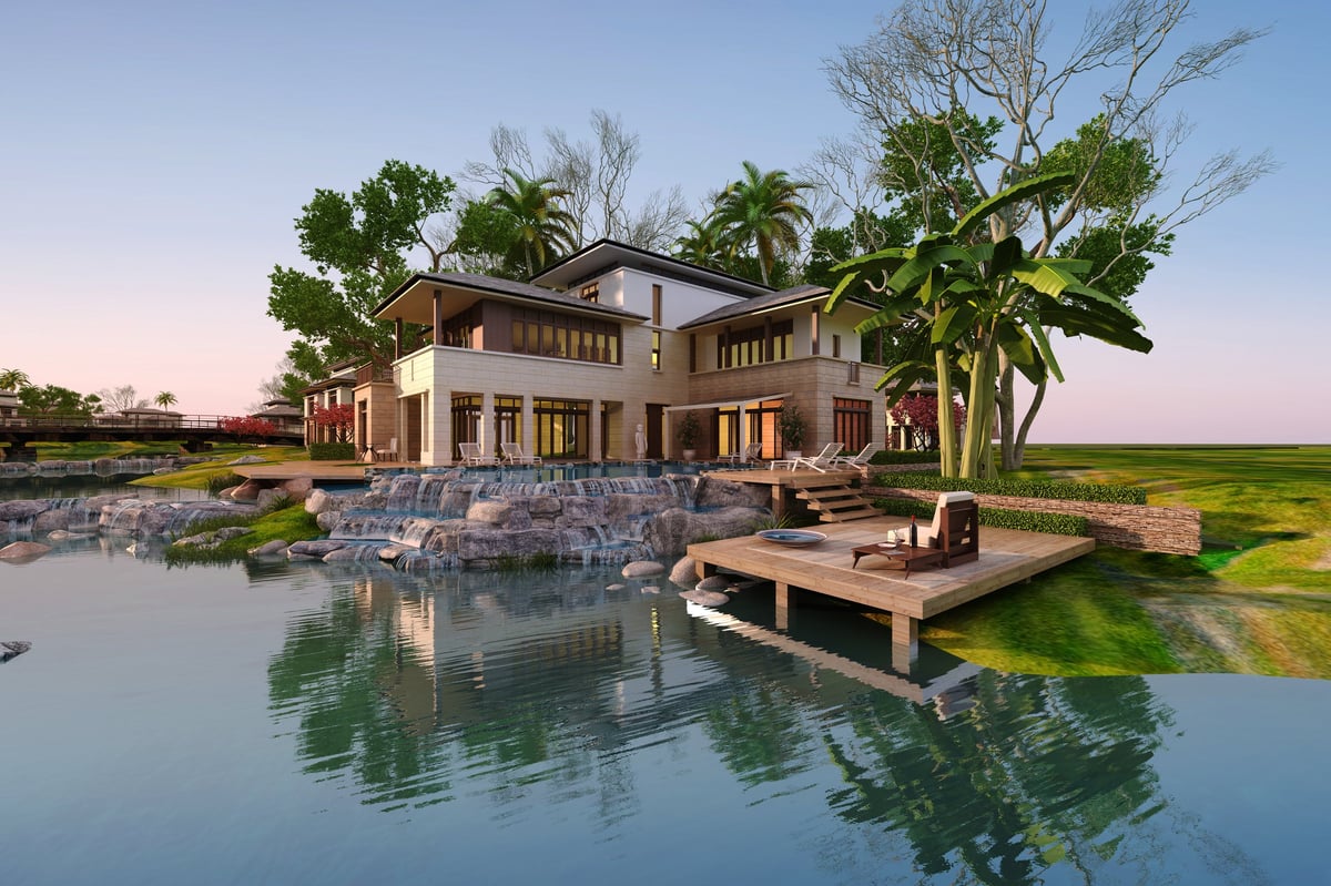 3d render of luxury lake villa house