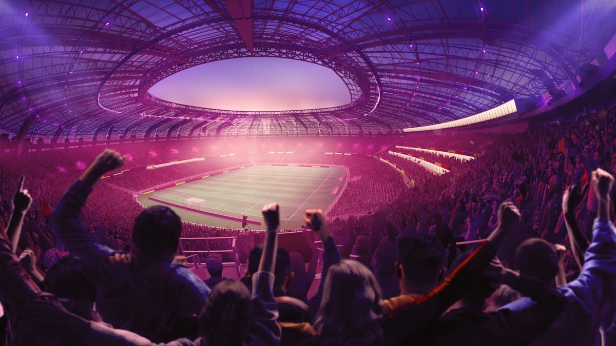 Purple glow lights packed stadium with fans celebrating