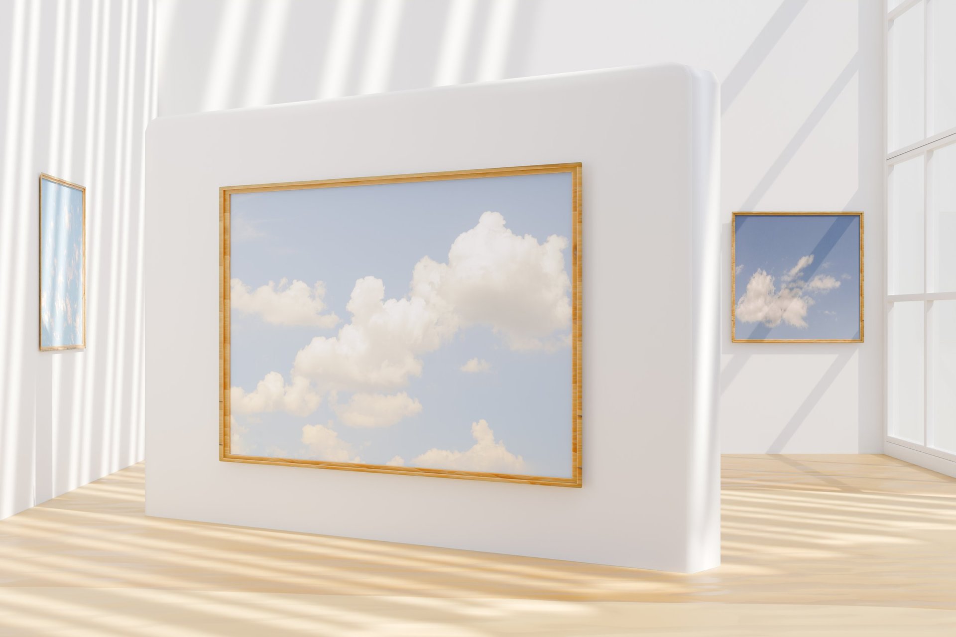 Modern art gallery showcasing cloud themed paintings in a bright, spacious room