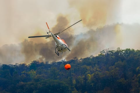 Helicopter in flight with dramatic sky backdrop