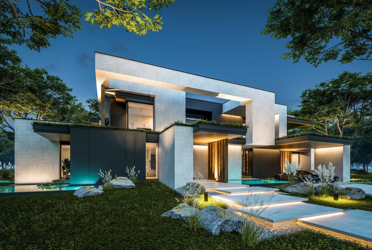 3d rendering of two-story house with parking and pool with beautiful landscaping