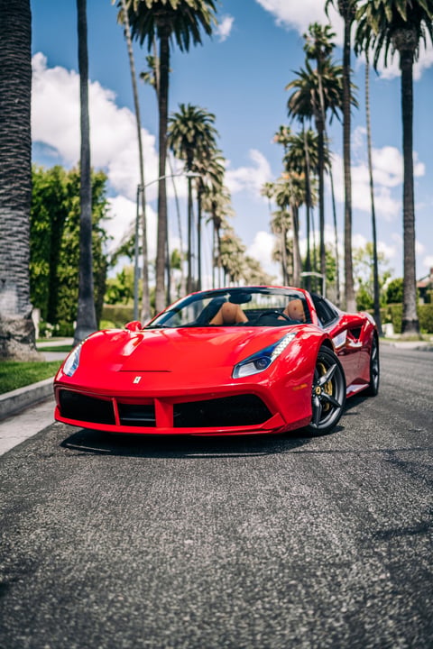 Ferrari 488 parked showing the front of the car with palm trees in the background