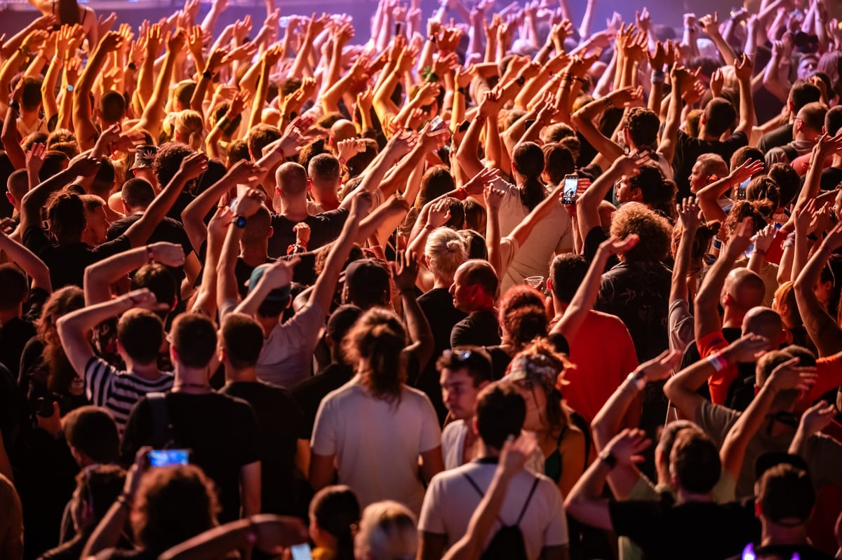 Fans raising their hands and dancing joyfully, celebrating live music at a vibrant music festival