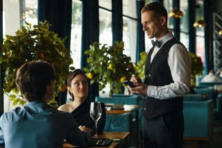 Waiter taking order from couple at restaurant table